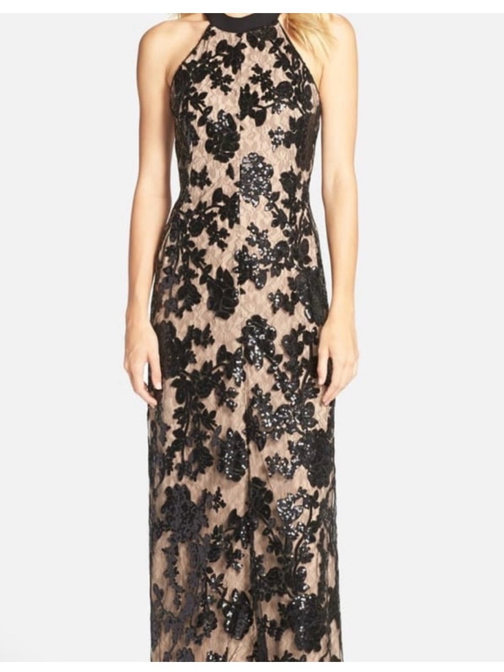 Dress the Population Black Floral Sequin Halter Maxi Dress with Nude Underlay